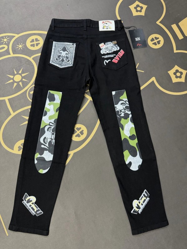 Evisu Black Jeans With Heavy Back-Pocket Embroidery in Raw Cotton Denim
