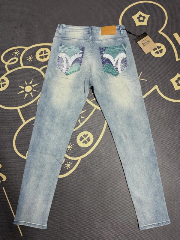 Evisu green jeans with raised back-pocket embroidery in stretch denim, M–XXL