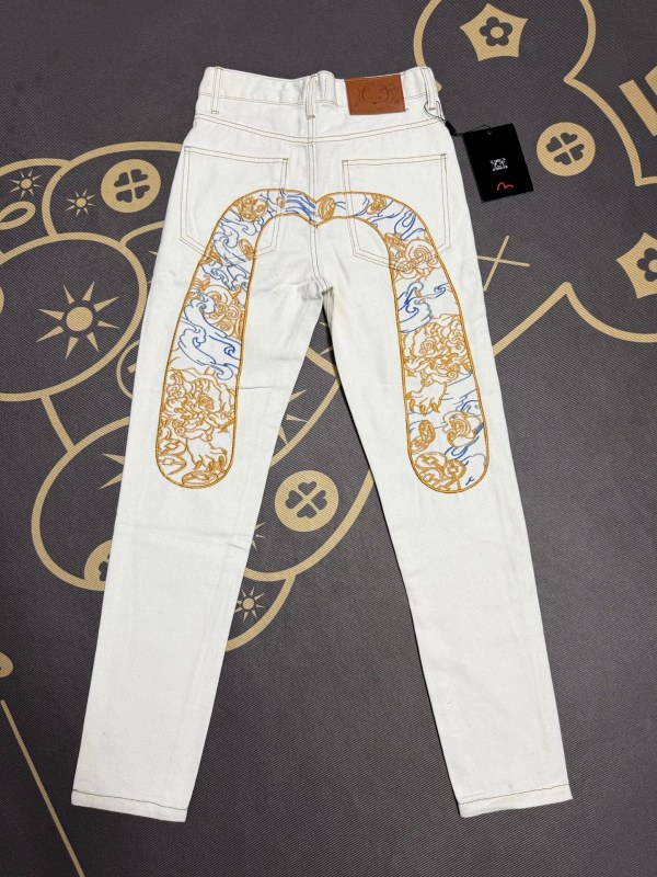 Evisu white jeans with heavy rear-pocket embroidery