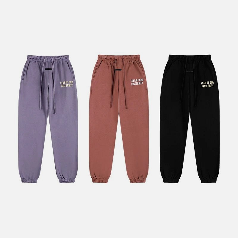 Fear of God Essentials Fleece-Lined Sweatpants in Black, Purple, and Wine Red
