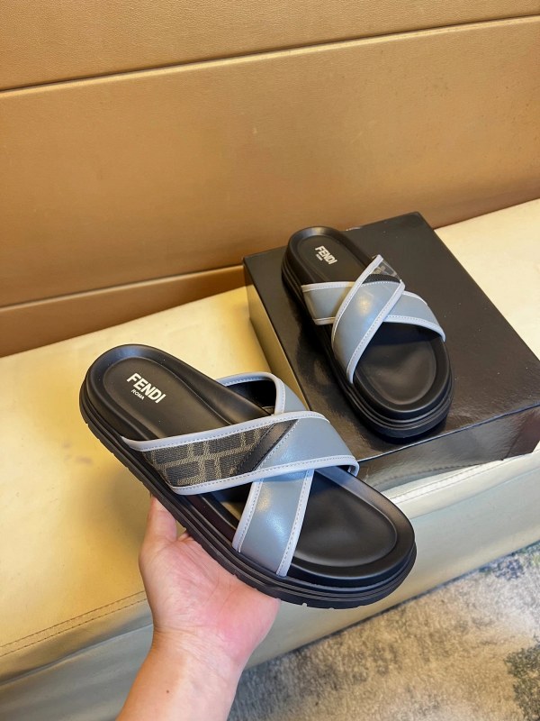 Fendi Gray Slides: Calf Leather Upper, Molded Sole, Italian Sizes 38–45