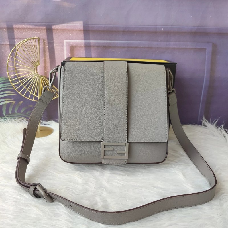 Fendi 7VA537 Baguette Medium Messenger in Gray Lychee-Texture Leather