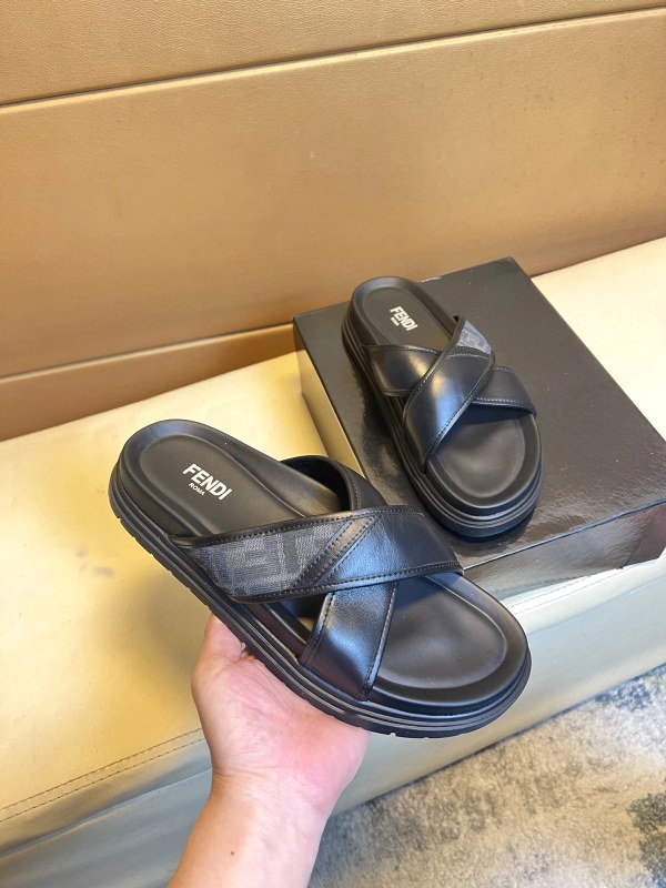 Fendi gray slides with a stated Italian calf leather upper, listed in sizes 39–45