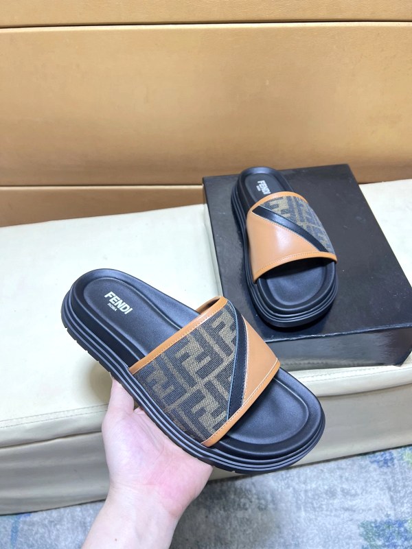 Fendi brown men's slides with a leather upper and a 38–45 size run