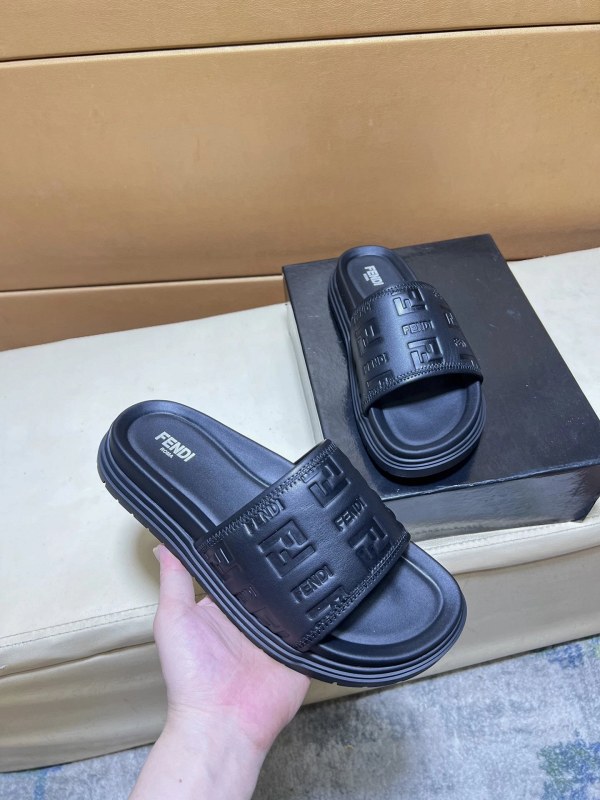 Fendi Black Leather Slide Sandals with Logo Strap in Italian Calfskin