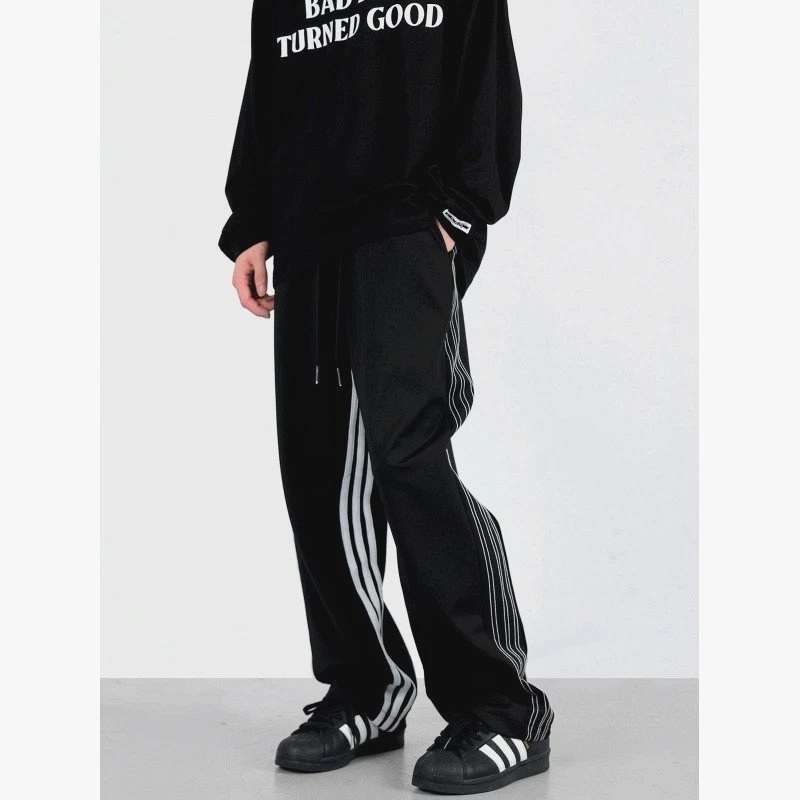 Foreign Trade Black Sweatpants: Thin No-Stretch Polyester Straight-Leg with Drawstring Front