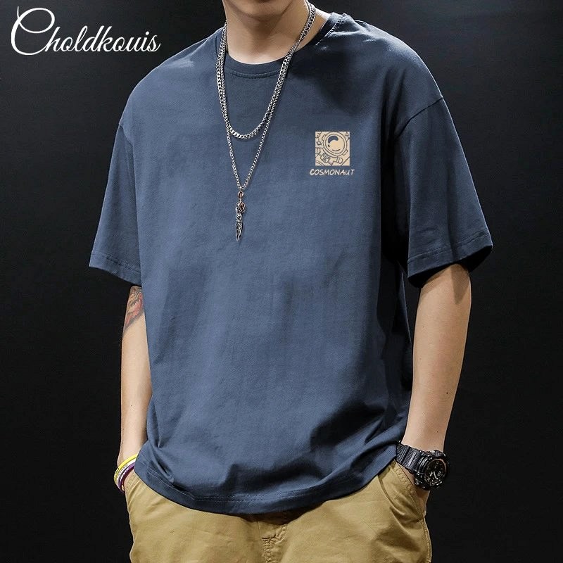 Foreign Trade blue cotton crewneck T-shirt with a loose drop-shoulder cut and geometric letter print