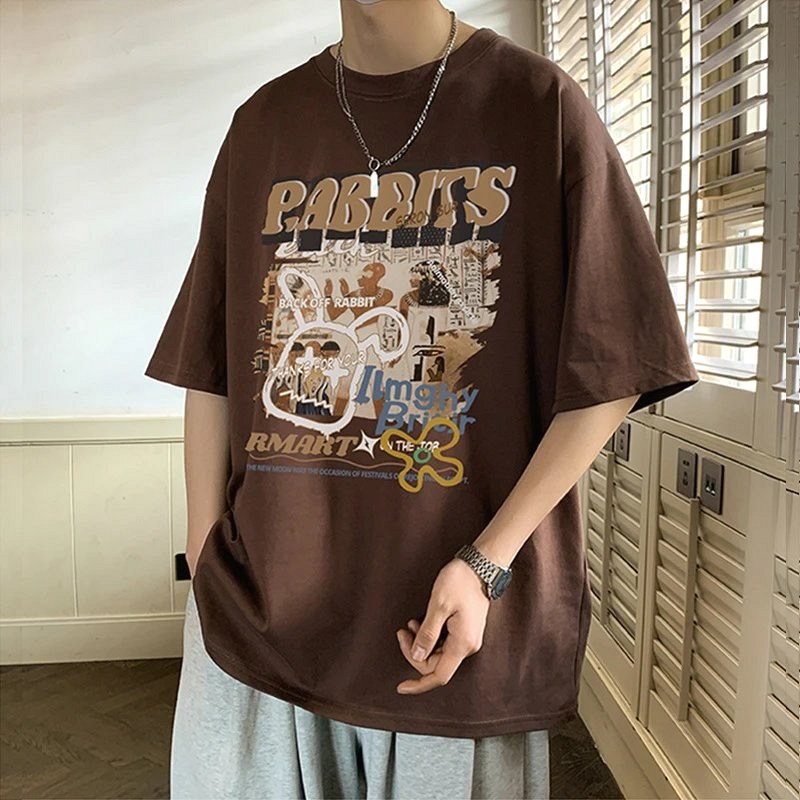 Foreign Trade Brown T-Shirt: Loose-Fit Pure Cotton Summer Crew Neck with Cartoon Print