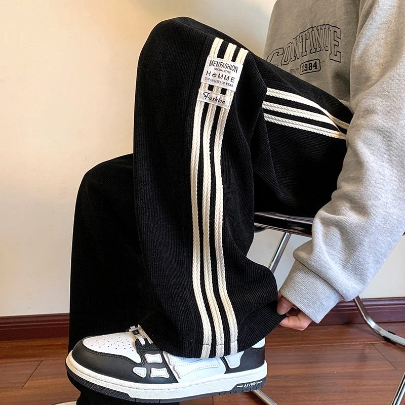 Foreign Trade Straight-Leg Sweatpants With Striped Color-Block Panels and Fleece-Lined Options