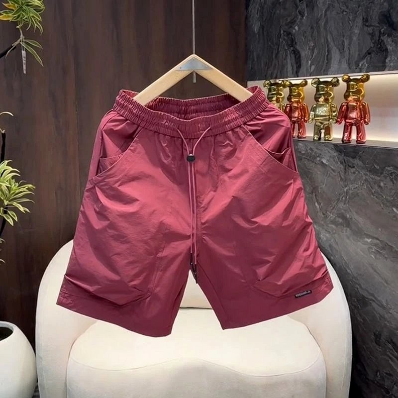Foreign Trade Red Casual Shorts — Thin Polyester-Spandex Summer Short with Drawstring Waist
