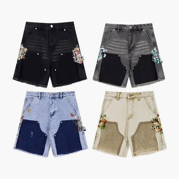Gallery Dept multicolor denim shorts: cotton, mid-rise, with per-pair hand-distressed washes