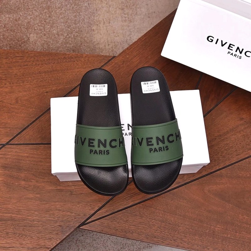 Givenchy brown slides with embossed strap lettering, sized 35–45 for couples