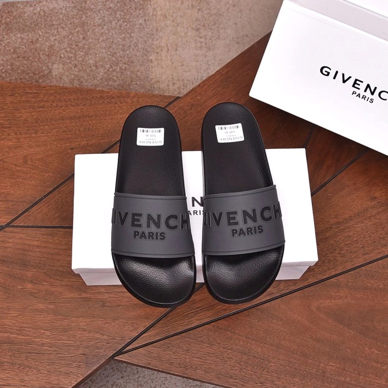 Givenchy gray slides with embossed brand lettering, listed in a couple-style size run