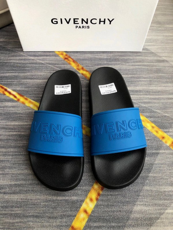 Givenchy Black Slides with an Embossed Logo and Imported Drop-Glue Upper