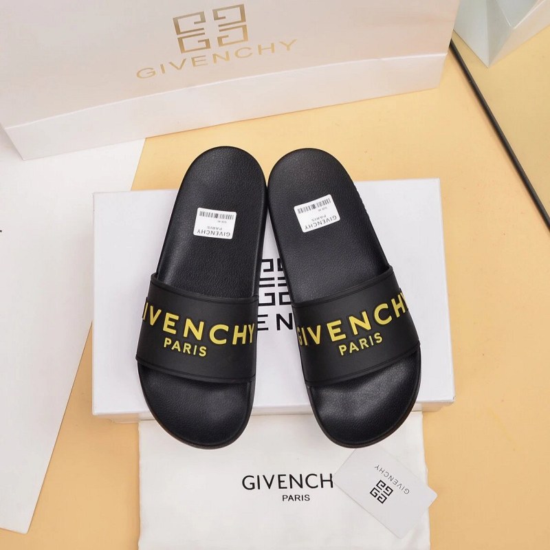 Givenchy black slides with molded embossed-lettering uppers, listed in a full 35–45 size run