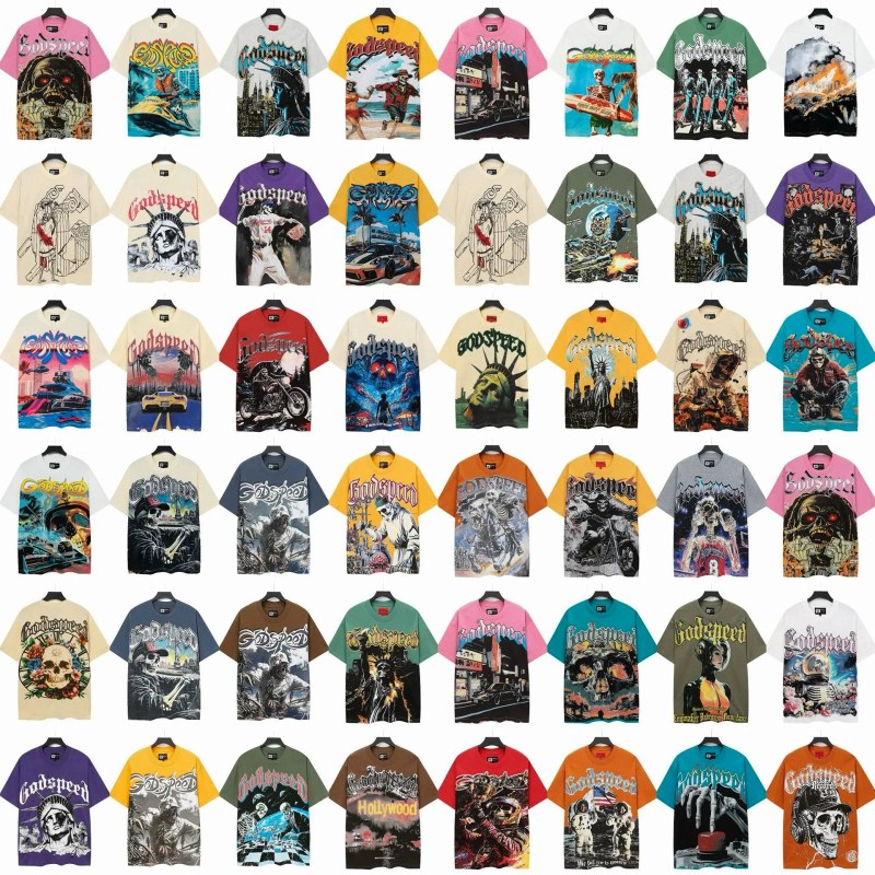 Godspeed multicolor graphic tee series in ~100 colorways, listed in a loose-cut 250–300g cotton knit
