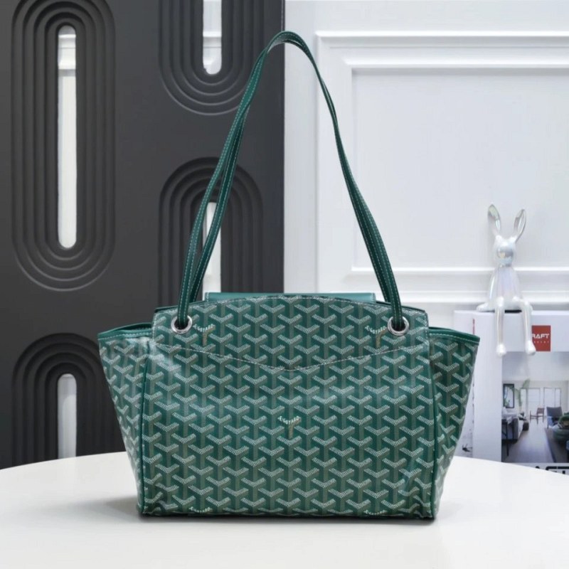Goyard-Style Green Commuter Tote With an Interior Rain Flap