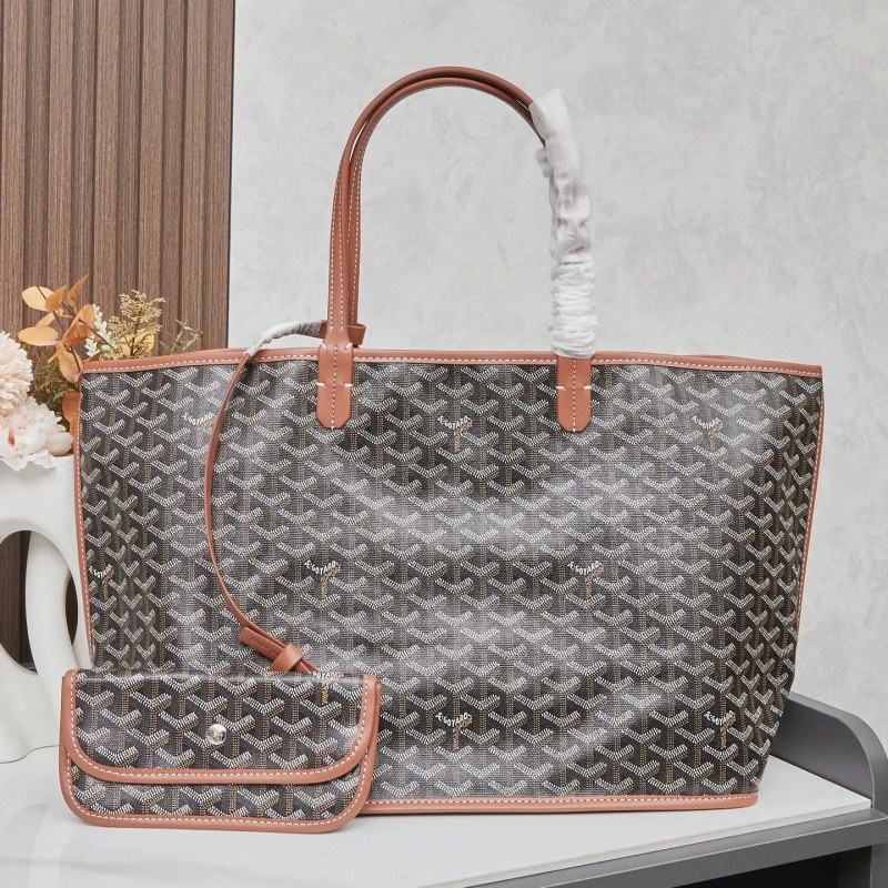 Goyard-Style Black Tote With Coated-Linen Body and Pebbled Leather Trim, in Three Sizes