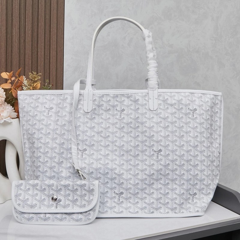 Goyard White Everyday Tote Listed in Three Sizes With Coated Grain Cloth and Tumbled Leather Trim