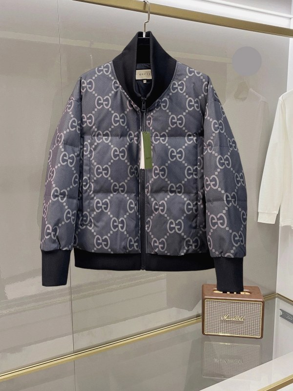 Gucci-Style Gray Puffer Jacket With All-Over GG Monogram and 90% Down Fill