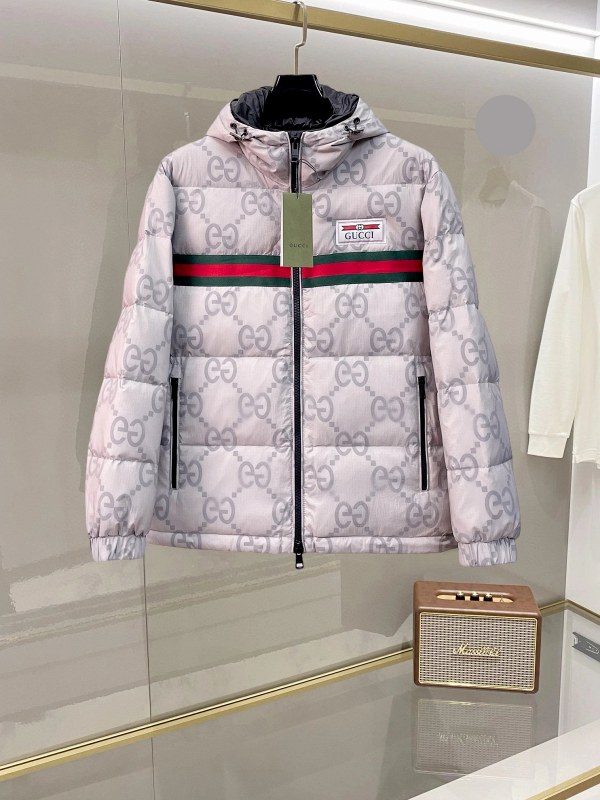 Gucci gray puffer jacket with allover GG motif, listed 90% down fill, unisex M–3XL
