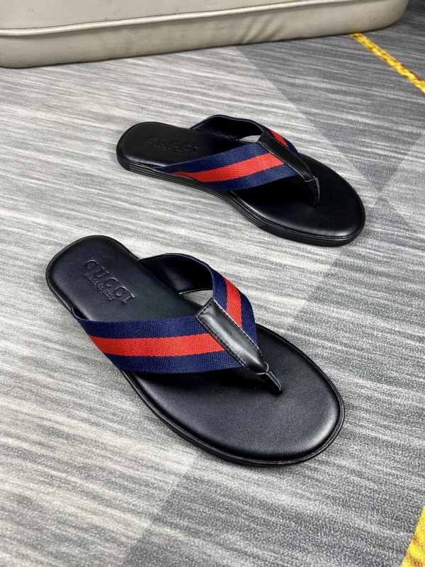 Gucci Black Slides With Multicolor Webbing Strap and a Cushioned Two-Layer Sole