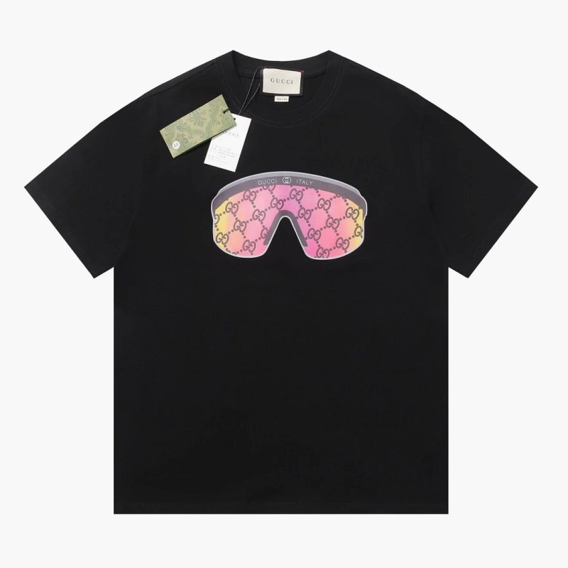Gucci black crew-neck tee with all-over snow-goggle print in 270g double-yarn cotton