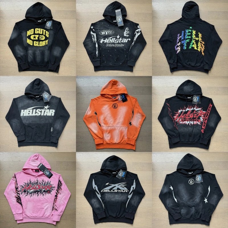 Hellstar hooded cotton pullover in a washed, distressed finish, offered across roughly fifty colorways in S–XL