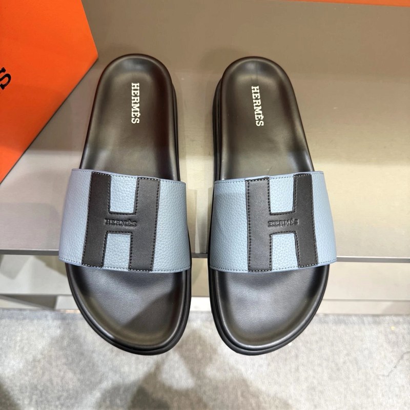 Black Hermes Oran-Style H-Strap Slides with a Leather Upper