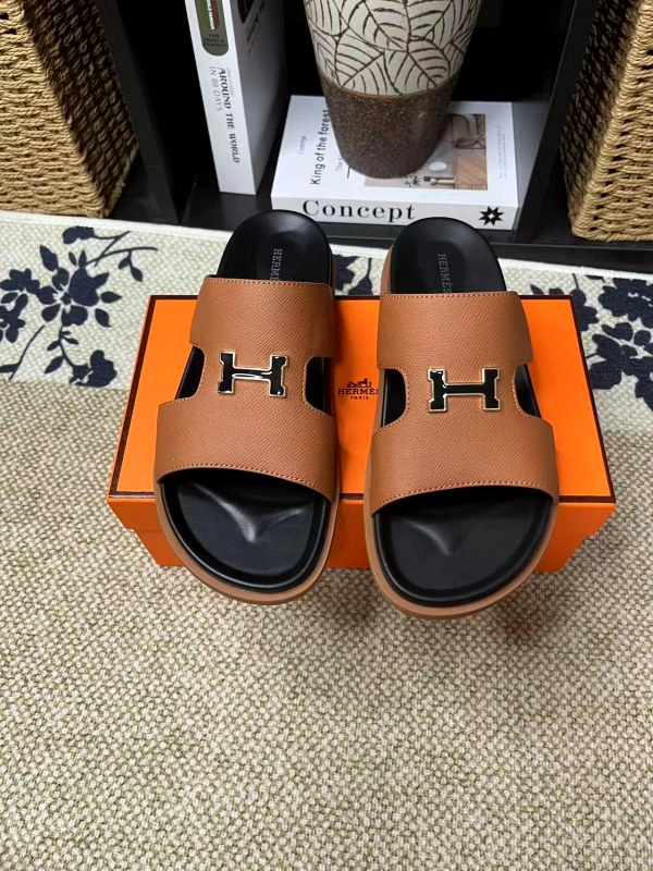 Hermes Brown H-Cutout Slide Sandals with a Leather Upper and Rubber Outsole