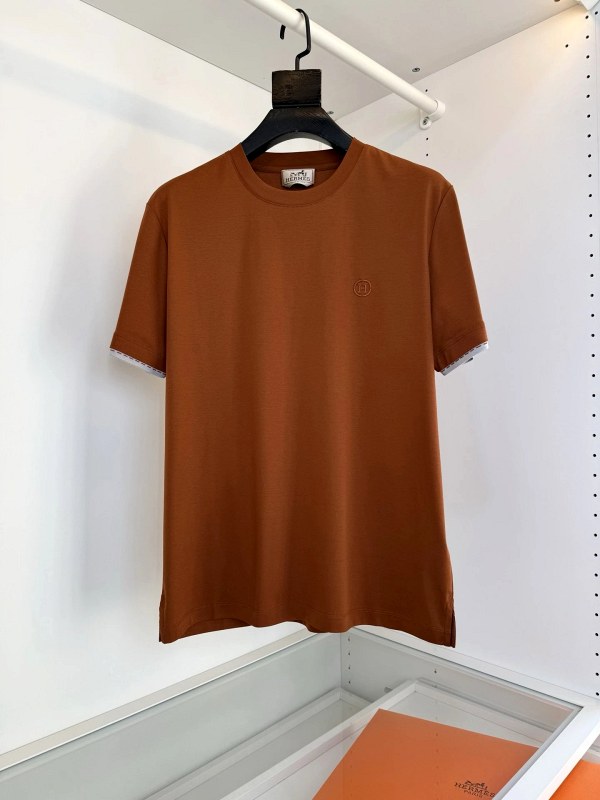 Hermes Brown Crewneck T-Shirt with Contrast 'Sellier' Sleeve Trim