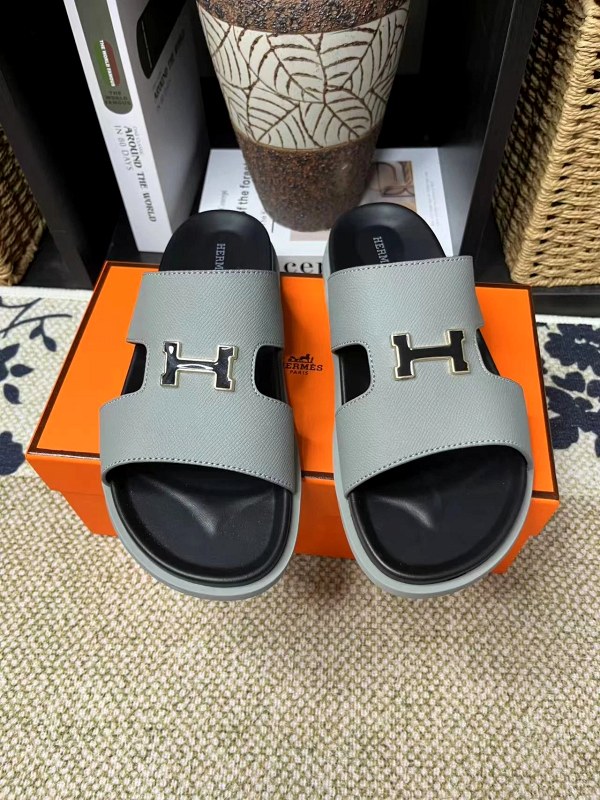 Hermes Gray Slides: Calf Leather Upper on a Slip-Resistant Rubber Outsole