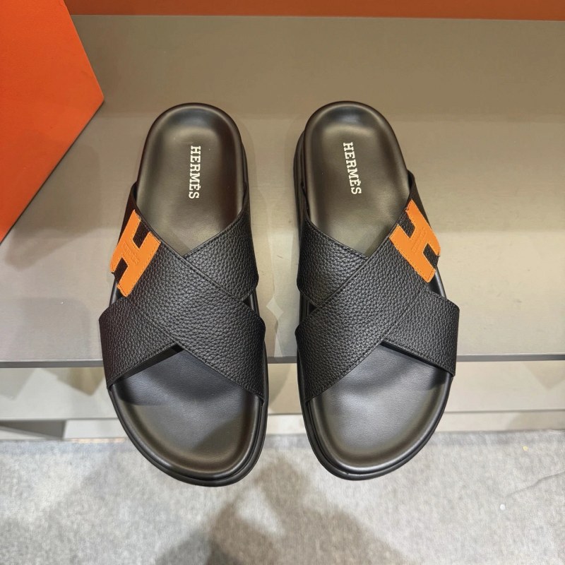 Hermes Oran-Style Black Leather Slides in a Casual Slip-On Shape