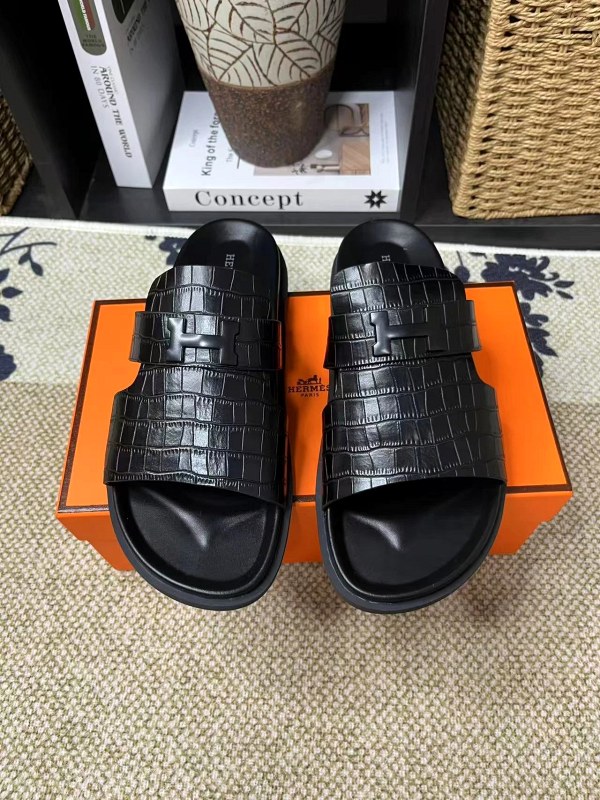 Hermes Black Slide: Leather Upper, Rubber Outsole, Listed in a Wide 35–45 Size Run