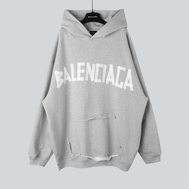 Balenciaga Gray Tape-Logo Hoodie: Double-Yarn 480 g Fleece, Relaxed Oversized Cut