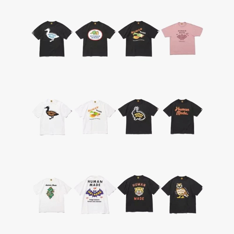Human Made graphic tees in slub cotton: boxy crew-neck cut, 38 white-and-black colorways, S–XXL