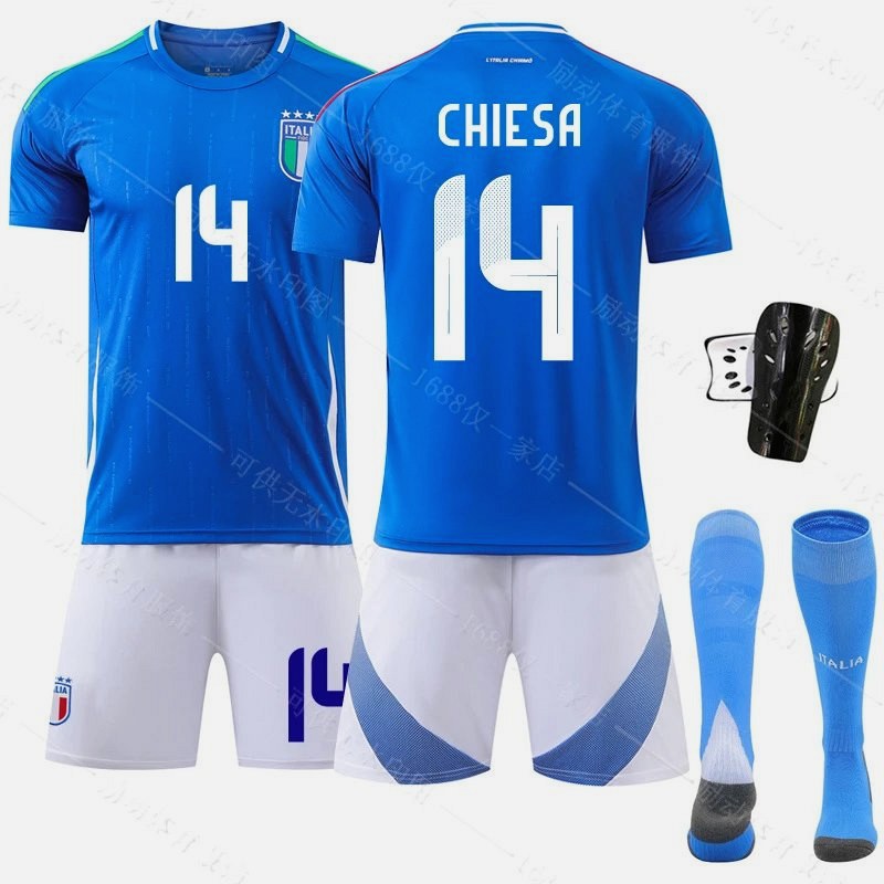 Italy Retro-Style Football Jersey in Blue, With Chiesa 14 Printing and Sock Bundles
