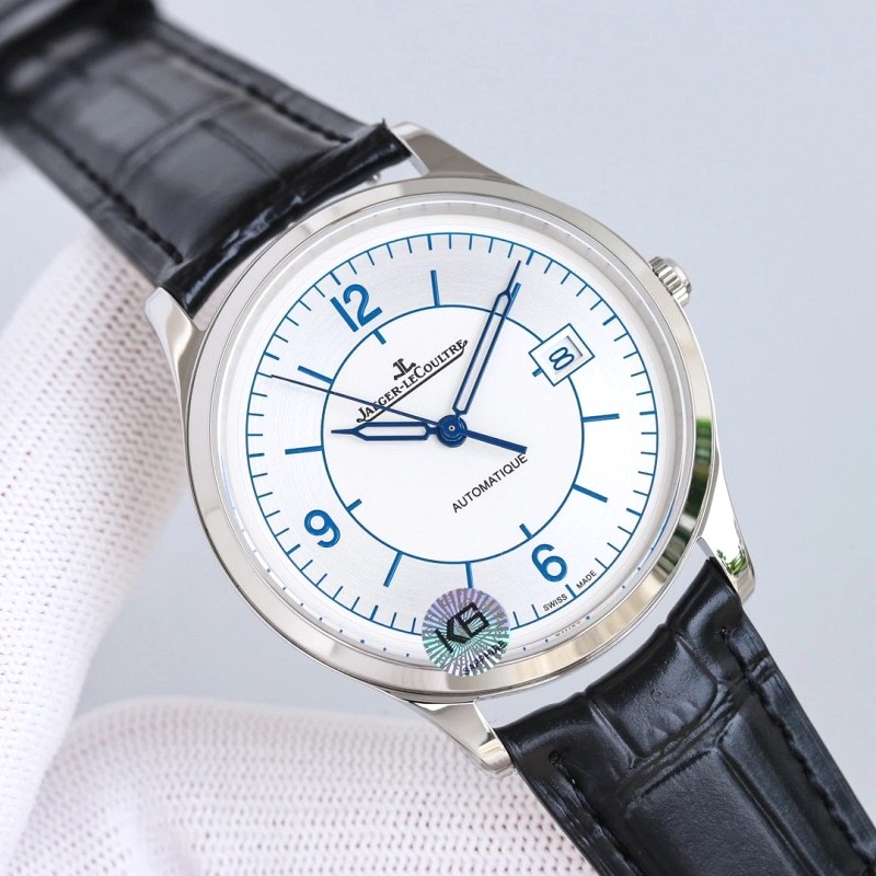 Jaeger LeCoultre White Sector-Dial Watch in 39mm with Blue Accents