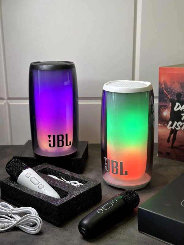 JBL-Branded Gray Cylindrical Portable Speaker With RGB Lighting and IPX5 Rating