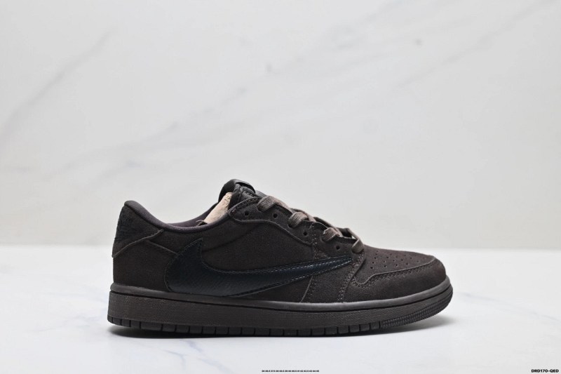 Jordan 1 Low Travis Scott "Reverse Mocha" in black and mocha, listed across a wide size run