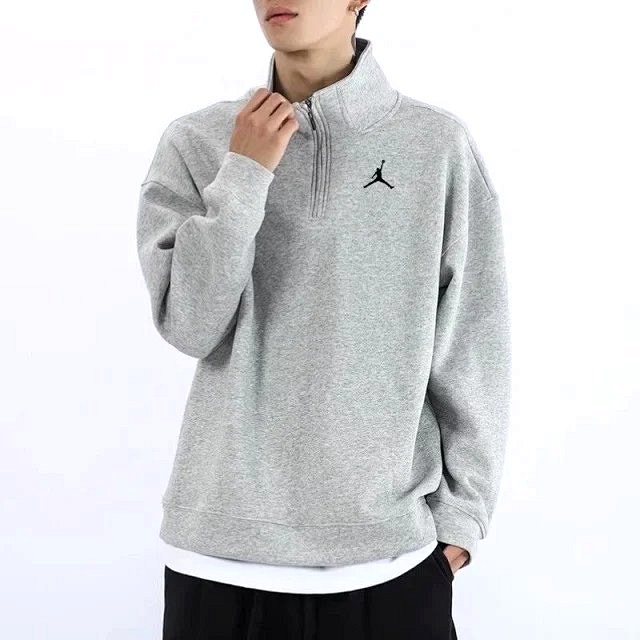 Jordan Gray Sweater: Cotton-Blend Composite Fleece Pullover with Stand Collar and Zip Front