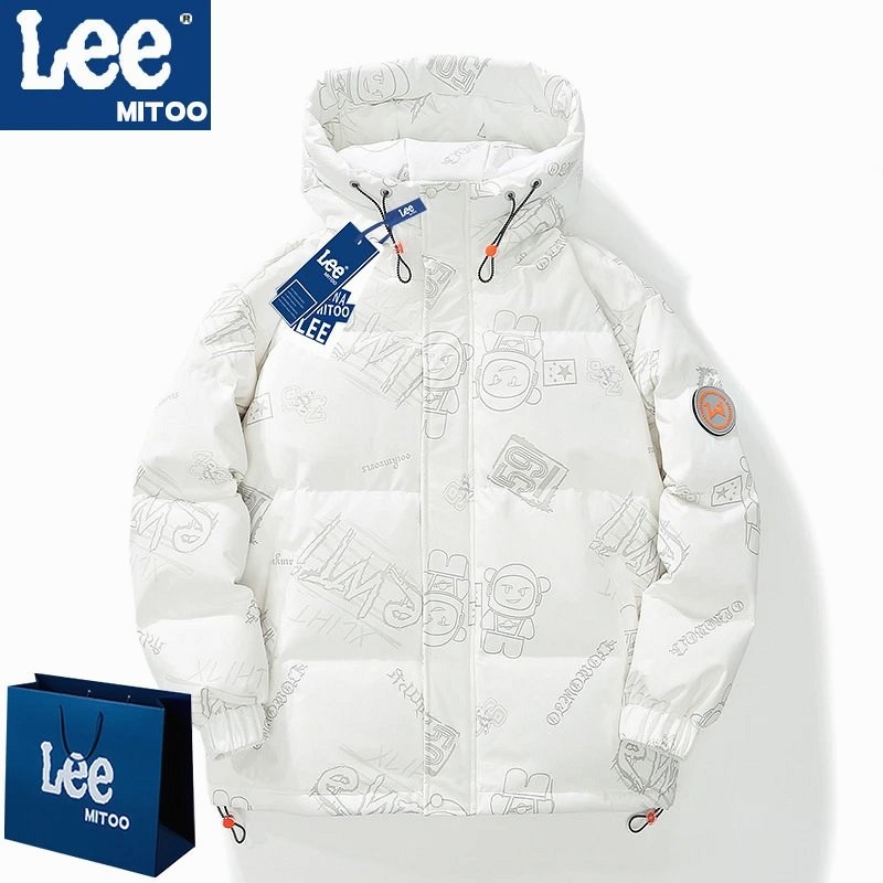Lee hooded down puffer with 150–200g white duck down in a loose winter cut