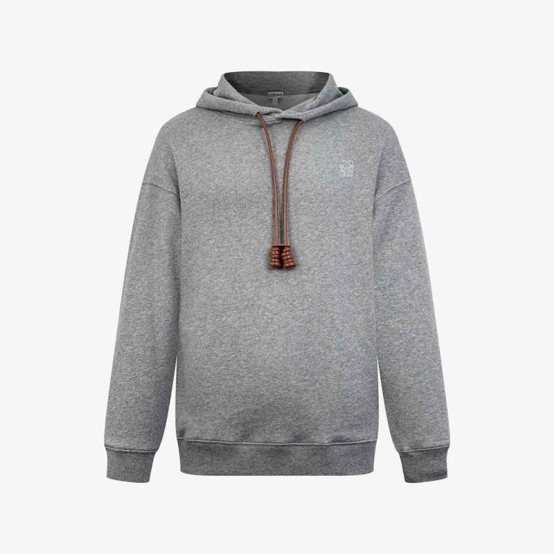 Loewe Gray Relaxed-Fit Hoodie with Anagram Embroidery and Flamenco-Style Leather Drawcord