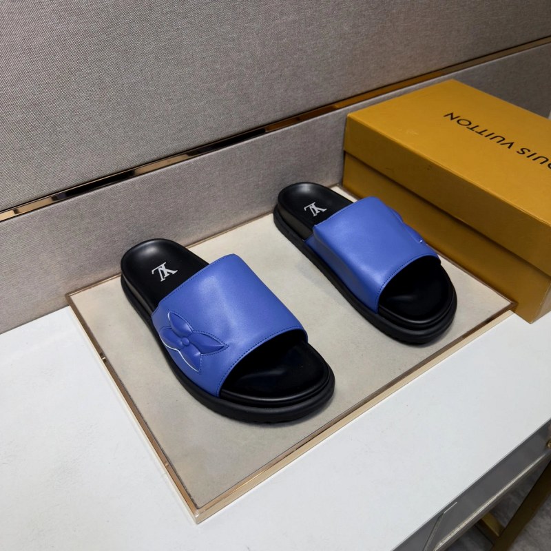 Louis Vuitton-Style Blue Slides With a Mixed-Material Upper and Leather Lining