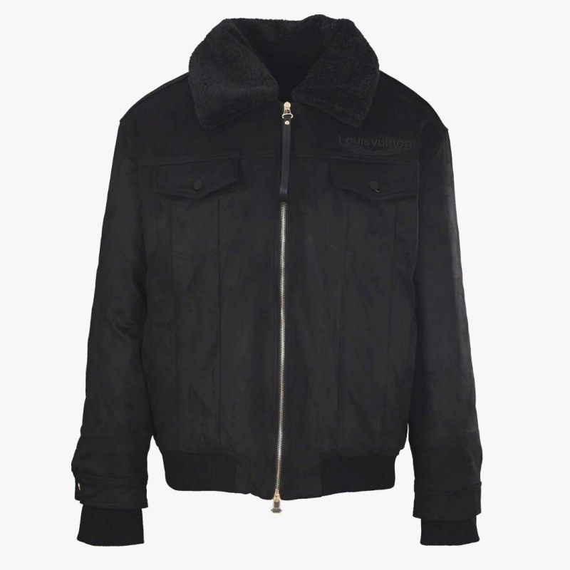 Louis Vuitton Black Padded Denim Jacket with Embroidered Logo and Detachable Fur Collar