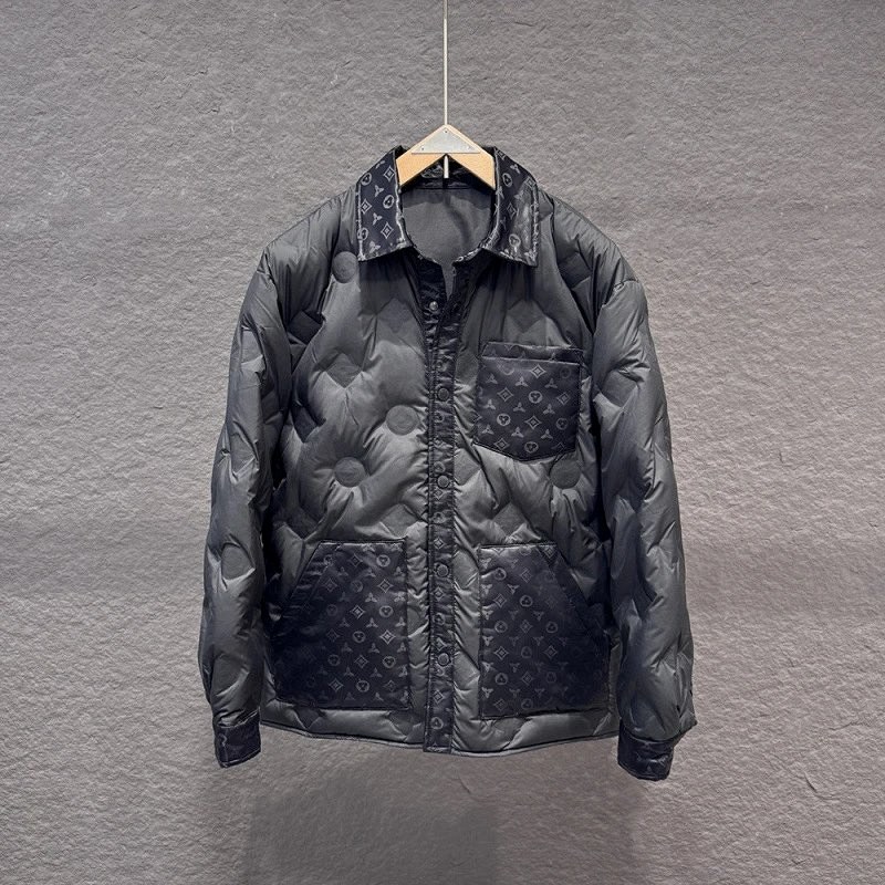 Louis Vuitton-titled black down puffer rated for light cold, in a slim lapel cut