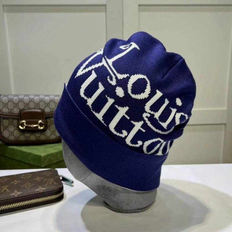 Louis Vuitton Blue One-Size Knit Hat with Front Lettering