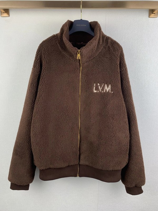 Louis Vuitton Brown Embroidered-Letter Fleece Jacket with Wool-Blend Face and Brass Zip Hardware