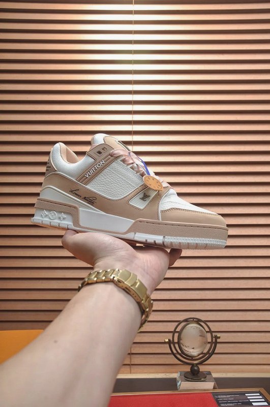 Louis Vuitton LV Trainer Maxi in brown leather with denim paneling and beaded laces