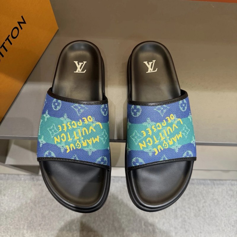 Louis Vuitton Blue Slides with a Patchwork Italian-Imported Upper